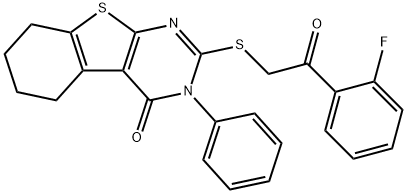 2-{[2-(2-fluorophenyl)-2-oxoethyl]sulfanyl}-3-phenyl-5,6,7,8-tetrahydro[1]benzothieno[2,3-d]pyrimidin-4(3H)-one Struktur