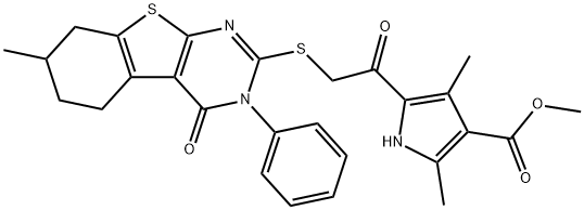 methyl 2,4-dimethyl-5-{[(7-methyl-4-oxo-3-phenyl-3,4,5,6,7,8-hexahydro[1]benzothieno[2,3-d]pyrimidin-2-yl)sulfanyl]acetyl}-1H-pyrrole-3-carboxylate Struktur