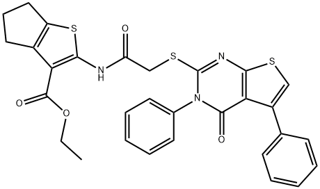 ethyl 2-({[(4-oxo-3,5-diphenyl-3,4-dihydrothieno[2,3-d]pyrimidin-2-yl)sulfanyl]acetyl}amino)-5,6-dihydro-4H-cyclopenta[b]thiophene-3-carboxylate Struktur