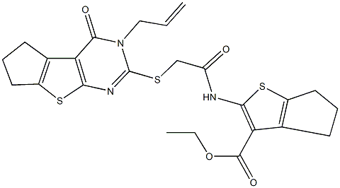 ethyl 2-({[(3-allyl-4-oxo-3,5,6,7-tetrahydro-4H-cyclopenta[4,5]thieno[2,3-d]pyrimidin-2-yl)sulfanyl]acetyl}amino)-5,6-dihydro-4H-cyclopenta[b]thiophene-3-carboxylate Struktur