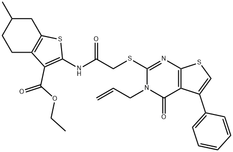 ethyl 2-({[(3-allyl-4-oxo-5-phenyl-3,4-dihydrothieno[2,3-d]pyrimidin-2-yl)sulfanyl]acetyl}amino)-6-methyl-4,5,6,7-tetrahydro-1-benzothiophene-3-carboxylate Struktur