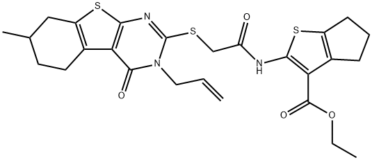 ethyl 2-({[(3-allyl-7-methyl-4-oxo-3,4,5,6,7,8-hexahydro[1]benzothieno[2,3-d]pyrimidin-2-yl)sulfanyl]acetyl}amino)-5,6-dihydro-4H-cyclopenta[b]thiophene-3-carboxylate Struktur