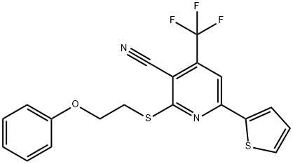 2-[(2-phenoxyethyl)sulfanyl]-6-(2-thienyl)-4-(trifluoromethyl)nicotinonitrile Struktur