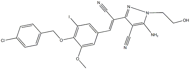 5-amino-3-(2-{4-[(4-chlorobenzyl)oxy]-3-iodo-5-methoxyphenyl}-1-cyanovinyl)-1-(2-hydroxyethyl)-1H-pyrazole-4-carbonitrile Struktur