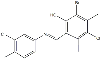 2-bromo-4-chloro-6-{[(3-chloro-4-methylphenyl)imino]methyl}-3,5-dimethylphenol Struktur