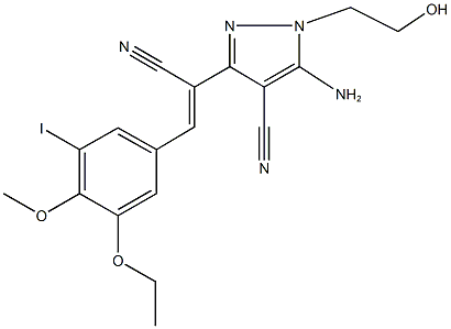 5-amino-3-[1-cyano-2-(3-ethoxy-5-iodo-4-methoxyphenyl)vinyl]-1-(2-hydroxyethyl)-1H-pyrazole-4-carbonitrile Struktur