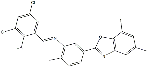 2,4-dichloro-6-({[5-(5,7-dimethyl-1,3-benzoxazol-2-yl)-2-methylphenyl]imino}methyl)phenol Struktur