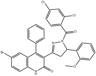 6-bromo-3-{1-[(2,4-dichlorophenyl)carbonyl]-5-[2-(methyloxy)phenyl]-4,5-dihydro-1H-pyrazol-3-yl}-4-phenylquinolin-2(1H)-one Struktur