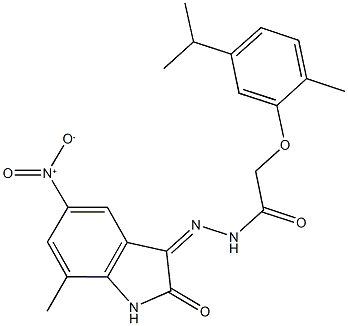 N'-{5-nitro-7-methyl-2-oxo-1,2-dihydro-3H-indol-3-ylidene}-2-(5-isopropyl-2-methylphenoxy)acetohydrazide Struktur