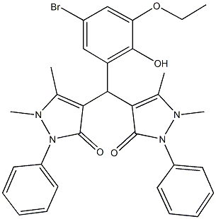 4-[(5-bromo-3-ethoxy-2-hydroxyphenyl)(1,5-dimethyl-3-oxo-2-phenyl-2,3-dihydro-1H-pyrazol-4-yl)methyl]-1,5-dimethyl-2-phenyl-1,2-dihydro-3H-pyrazol-3-one Struktur