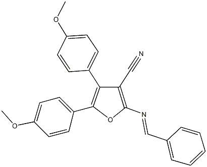 2-(benzylideneamino)-4,5-bis(4-methoxyphenyl)-3-furonitrile Struktur