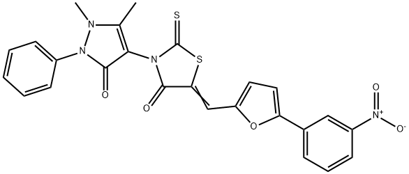 3-(1,5-dimethyl-3-oxo-2-phenyl-2,3-dihydro-1H-pyrazol-4-yl)-5-[(5-{3-nitrophenyl}-2-furyl)methylene]-2-thioxo-1,3-thiazolidin-4-one Struktur