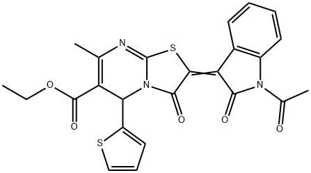 ethyl 2-(1-acetyl-2-oxo-1,2-dihydro-3H-indol-3-ylidene)-7-methyl-3-oxo-5-(2-thienyl)-2,3-dihydro-5H-[1,3]thiazolo[3,2-a]pyrimidine-6-carboxylate Struktur