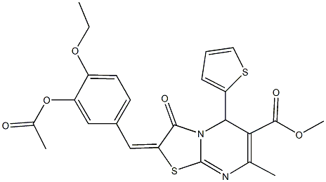 methyl 2-[3-(acetyloxy)-4-ethoxybenzylidene]-7-methyl-3-oxo-5-(2-thienyl)-2,3-dihydro-5H-[1,3]thiazolo[3,2-a]pyrimidine-6-carboxylate Struktur