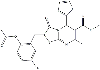 methyl 2-[2-(acetyloxy)-5-bromobenzylidene]-7-methyl-3-oxo-5-(2-thienyl)-2,3-dihydro-5H-[1,3]thiazolo[3,2-a]pyrimidine-6-carboxylate Struktur