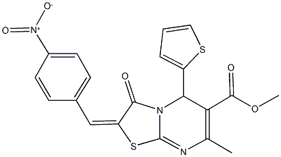 methyl 2-{4-nitrobenzylidene}-7-methyl-3-oxo-5-(2-thienyl)-2,3-dihydro-5H-[1,3]thiazolo[3,2-a]pyrimidine-6-carboxylate Struktur