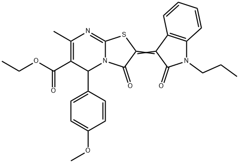 ethyl 5-(4-methoxyphenyl)-7-methyl-3-oxo-2-(2-oxo-1-propyl-1,2-dihydro-3H-indol-3-ylidene)-2,3-dihydro-5H-[1,3]thiazolo[3,2-a]pyrimidine-6-carboxylate Struktur