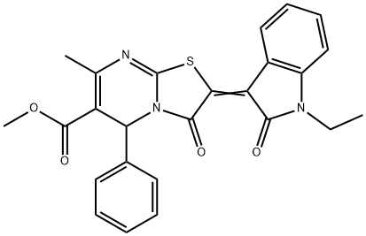 methyl 2-(1-ethyl-2-oxo-1,2-dihydro-3H-indol-3-ylidene)-7-methyl-3-oxo-5-phenyl-2,3-dihydro-5H-[1,3]thiazolo[3,2-a]pyrimidine-6-carboxylate Struktur