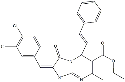 ethyl 2-(3,4-dichlorobenzylidene)-7-methyl-3-oxo-5-(2-phenylvinyl)-2,3-dihydro-5H-[1,3]thiazolo[3,2-a]pyrimidine-6-carboxylate Struktur