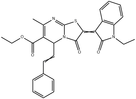 ethyl 2-(1-ethyl-2-oxo-1,2-dihydro-3H-indol-3-ylidene)-7-methyl-3-oxo-5-(2-phenylvinyl)-2,3-dihydro-5H-[1,3]thiazolo[3,2-a]pyrimidine-6-carboxylate Struktur