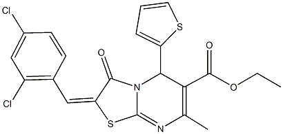 ethyl 2-(2,4-dichlorobenzylidene)-7-methyl-3-oxo-5-(2-thienyl)-2,3-dihydro-5H-[1,3]thiazolo[3,2-a]pyrimidine-6-carboxylate Struktur