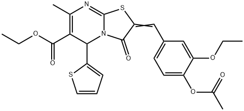 ethyl 2-[4-(acetyloxy)-3-ethoxybenzylidene]-7-methyl-3-oxo-5-(2-thienyl)-2,3-dihydro-5H-[1,3]thiazolo[3,2-a]pyrimidine-6-carboxylate Struktur