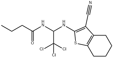 N-{2,2,2-trichloro-1-[(3-cyano-4,5,6,7-tetrahydro-1-benzothien-2-yl)amino]ethyl}butanamide Struktur