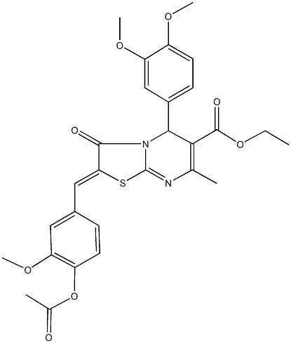 ethyl 2-[4-(acetyloxy)-3-methoxybenzylidene]-5-(3,4-dimethoxyphenyl)-7-methyl-3-oxo-2,3-dihydro-5H-[1,3]thiazolo[3,2-a]pyrimidine-6-carboxylate Struktur