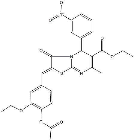 ethyl 2-[4-(acetyloxy)-3-ethoxybenzylidene]-5-{3-nitrophenyl}-7-methyl-3-oxo-2,3-dihydro-5H-[1,3]thiazolo[3,2-a]pyrimidine-6-carboxylate Struktur