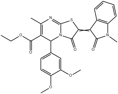 ethyl 5-(3,4-dimethoxyphenyl)-7-methyl-2-(1-methyl-2-oxo-1,2-dihydro-3H-indol-3-ylidene)-3-oxo-2,3-dihydro-5H-[1,3]thiazolo[3,2-a]pyrimidine-6-carboxylate Struktur