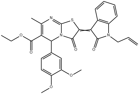 ethyl 2-(1-allyl-2-oxo-1,2-dihydro-3H-indol-3-ylidene)-5-(3,4-dimethoxyphenyl)-7-methyl-3-oxo-2,3-dihydro-5H-[1,3]thiazolo[3,2-a]pyrimidine-6-carboxylate Struktur