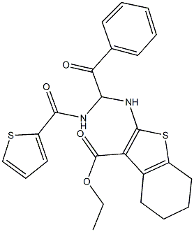 ethyl 2-({2-oxo-2-phenyl-1-[(2-thienylcarbonyl)amino]ethyl}amino)-4,5,6,7-tetrahydro-1-benzothiophene-3-carboxylate Struktur