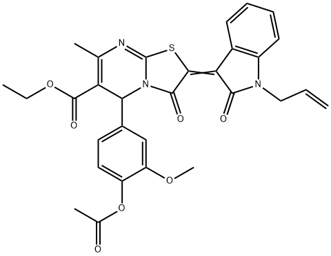 ethyl 5-[4-(acetyloxy)-3-methoxyphenyl]-2-(1-allyl-2-oxo-1,2-dihydro-3H-indol-3-ylidene)-7-methyl-3-oxo-2,3-dihydro-5H-[1,3]thiazolo[3,2-a]pyrimidine-6-carboxylate Struktur