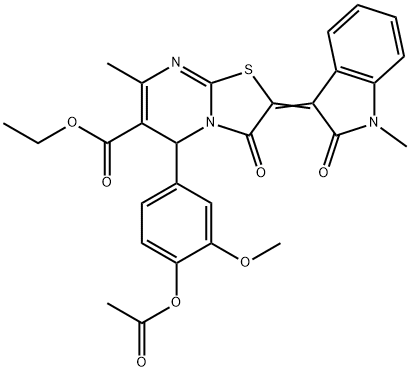 ethyl 5-[4-(acetyloxy)-3-methoxyphenyl]-7-methyl-2-(1-methyl-2-oxo-1,2-dihydro-3H-indol-3-ylidene)-3-oxo-2,3-dihydro-5H-[1,3]thiazolo[3,2-a]pyrimidine-6-carboxylate Struktur