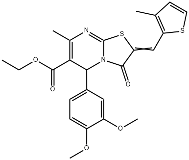 ethyl 5-(3,4-dimethoxyphenyl)-7-methyl-2-[(3-methyl-2-thienyl)methylene]-3-oxo-2,3-dihydro-5H-[1,3]thiazolo[3,2-a]pyrimidine-6-carboxylate Struktur