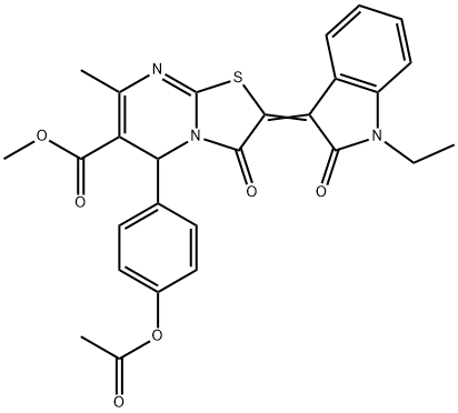 methyl 5-[4-(acetyloxy)phenyl]-2-(1-ethyl-2-oxo-1,2-dihydro-3H-indol-3-ylidene)-7-methyl-3-oxo-2,3-dihydro-5H-[1,3]thiazolo[3,2-a]pyrimidine-6-carboxylate Struktur