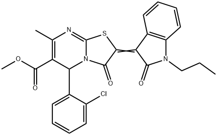 methyl 5-(2-chlorophenyl)-7-methyl-3-oxo-2-(2-oxo-1-propyl-1,2-dihydro-3H-indol-3-ylidene)-2,3-dihydro-5H-[1,3]thiazolo[3,2-a]pyrimidine-6-carboxylate Struktur