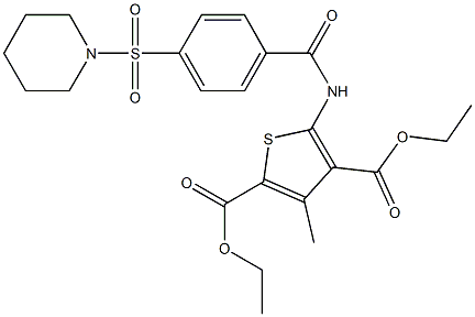 diethyl 3-methyl-5-{[4-(1-piperidinylsulfonyl)benzoyl]amino}-2,4-thiophenedicarboxylate Struktur