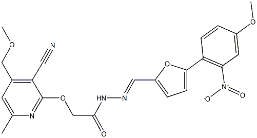 2-{[3-cyano-4-(methoxymethyl)-6-methyl-2-pyridinyl]oxy}-N'-[(5-{2-nitro-4-methoxyphenyl}-2-furyl)methylene]acetohydrazide Struktur