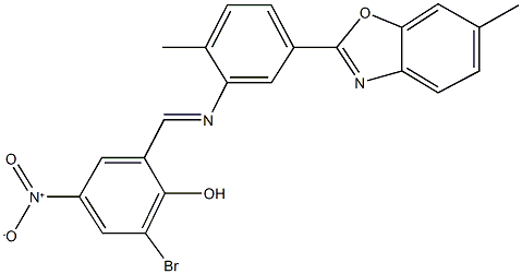 2-bromo-4-nitro-6-({[2-methyl-5-(6-methyl-1,3-benzoxazol-2-yl)phenyl]imino}methyl)phenol Struktur