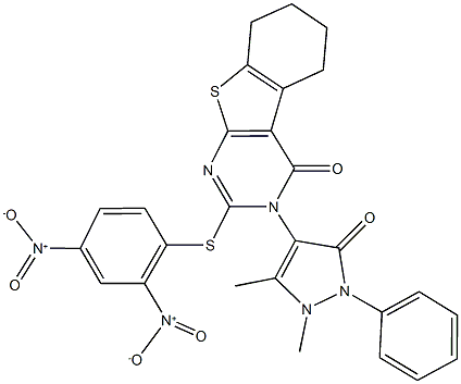 2-({2,4-bisnitrophenyl}sulfanyl)-3-(1,5-dimethyl-3-oxo-2-phenyl-2,3-dihydro-1H-pyrazol-4-yl)-5,6,7,8-tetrahydro[1]benzothieno[2,3-d]pyrimidin-4(3H)-one Struktur