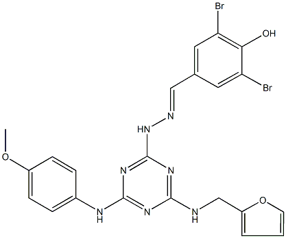 3,5-dibromo-4-hydroxybenzaldehyde [4-[(2-furylmethyl)amino]-6-(4-methoxyanilino)-1,3,5-triazin-2-yl]hydrazone Struktur