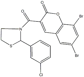 6,8-dibromo-3-{[2-(3-chlorophenyl)-1,3-thiazolidin-3-yl]carbonyl}-2H-chromen-2-one Struktur