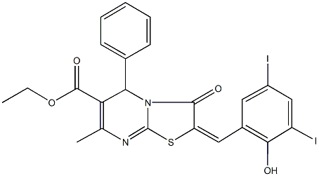 ethyl 2-(2-hydroxy-3,5-diiodobenzylidene)-7-methyl-3-oxo-5-phenyl-2,3-dihydro-5H-[1,3]thiazolo[3,2-a]pyrimidine-6-carboxylate Struktur