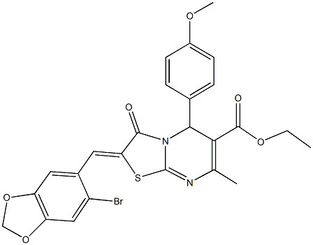 ethyl 2-[(6-bromo-1,3-benzodioxol-5-yl)methylene]-5-(4-methoxyphenyl)-7-methyl-3-oxo-2,3-dihydro-5H-[1,3]thiazolo[3,2-a]pyrimidine-6-carboxylate Struktur