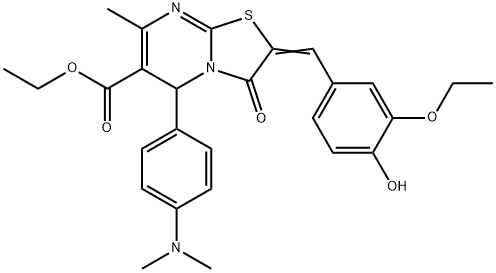 ethyl 5-[4-(dimethylamino)phenyl]-2-(3-ethoxy-4-hydroxybenzylidene)-7-methyl-3-oxo-2,3-dihydro-5H-[1,3]thiazolo[3,2-a]pyrimidine-6-carboxylate Struktur