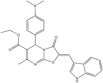 ethyl 5-[4-(dimethylamino)phenyl]-2-(1H-indol-3-ylmethylene)-7-methyl-3-oxo-2,3-dihydro-5H-[1,3]thiazolo[3,2-a]pyrimidine-6-carboxylate Struktur