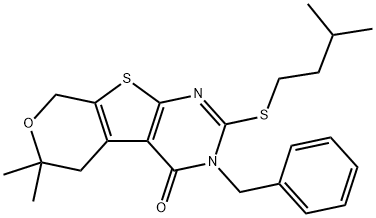 3-benzyl-2-(isopentylsulfanyl)-6,6-dimethyl-3,5,6,8-tetrahydro-4H-pyrano[4',3':4,5]thieno[2,3-d]pyrimidin-4-one Struktur