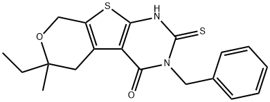 3-benzyl-6-ethyl-6-methyl-2-thioxo-1,2,3,5,6,8-hexahydro-4H-pyrano[4',3':4,5]thieno[2,3-d]pyrimidin-4-one Struktur