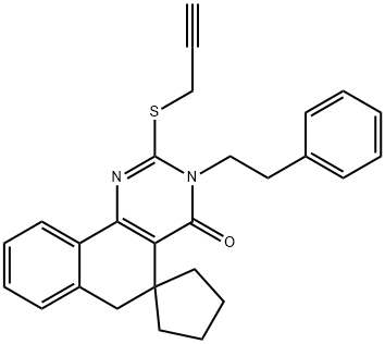 3-(2-phenylethyl)-2-(2-propynylsulfanyl)-5,6-dihydrospiro(benzo[h]quinazoline-5,1'-cyclopentane)-4(3H)-one Struktur